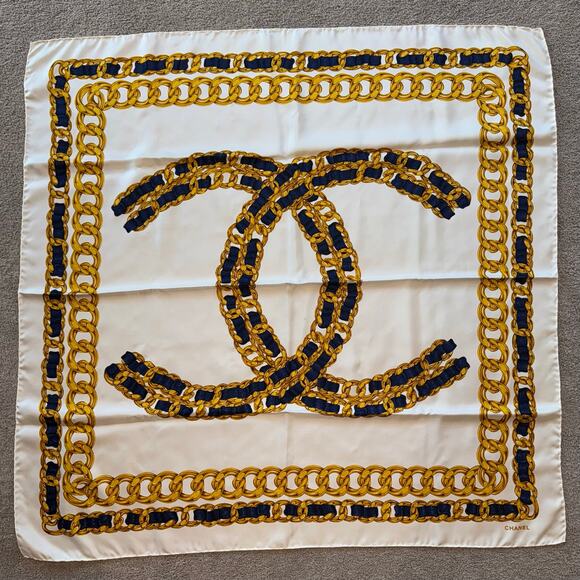 Chanel 100% Silk Scarf – Interlocking CC Logo – 34” x 34” – Neutrals - Picture 9 of 9